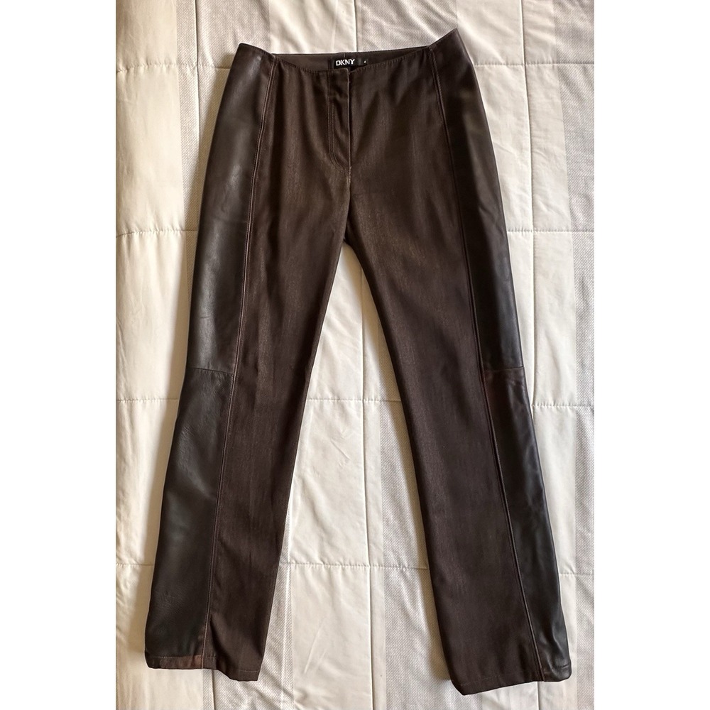 VTG 90s DKNY Archival 100% Leather Paneled Wool Blend Trousers Y2K Goth Grunge 4